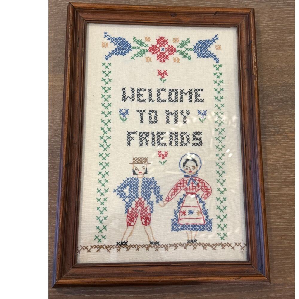 Vintage Needlepoint Cross Stitch " Welcome To My Friends" Wall Photo Picture